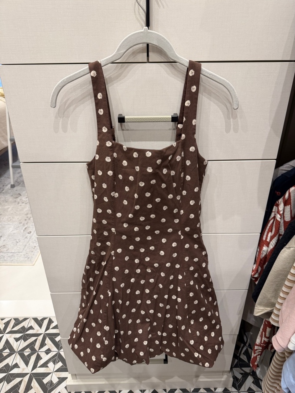 A&F Brown Polka Dot Sundress with White Seashells and built in shorts
